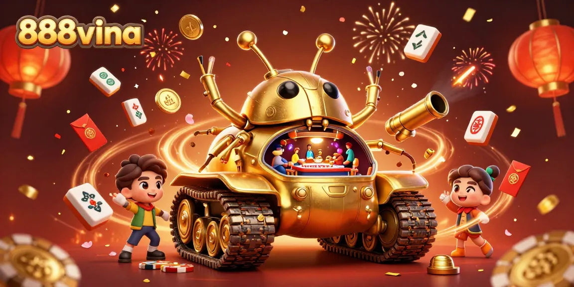 Engage with thrilling gaming at 888vina's unique casino experience inside a golden tank.