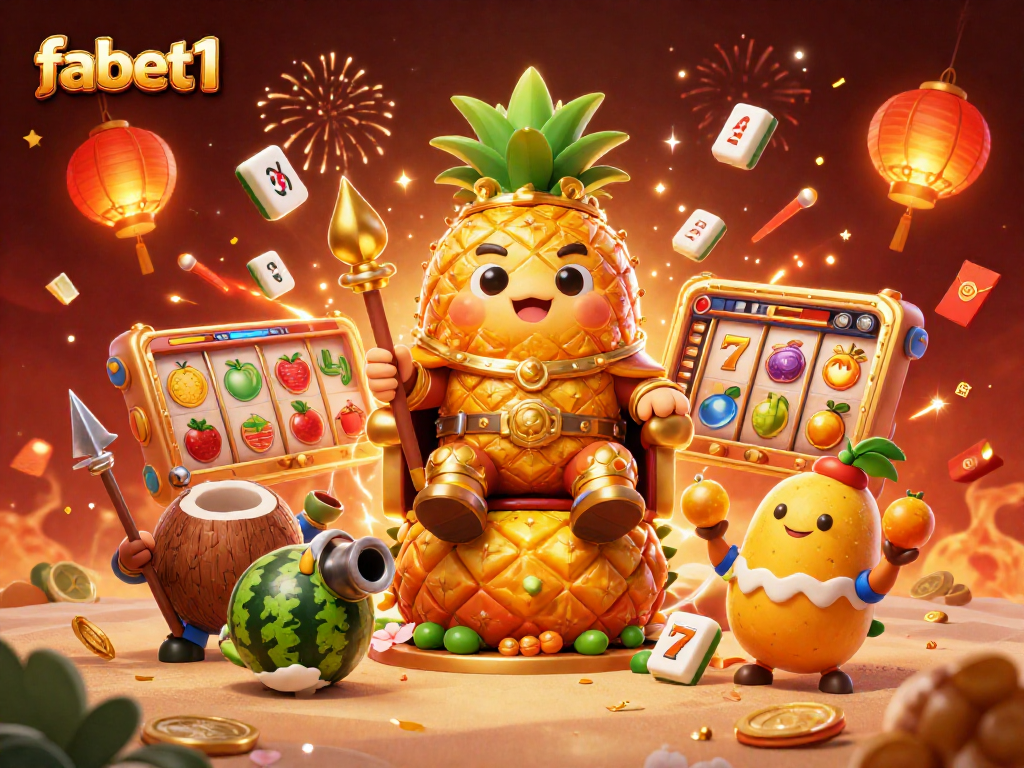 Join fabet1's vibrant casino scene with a golden pineapple king, coconut guards, and lucky symbols.
