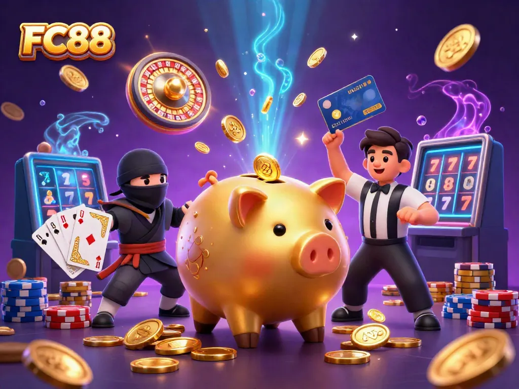 Experience thrilling gameplay at FC88 with a dynamic scene of a golden piggy bank sumo wrestler and casino elements.