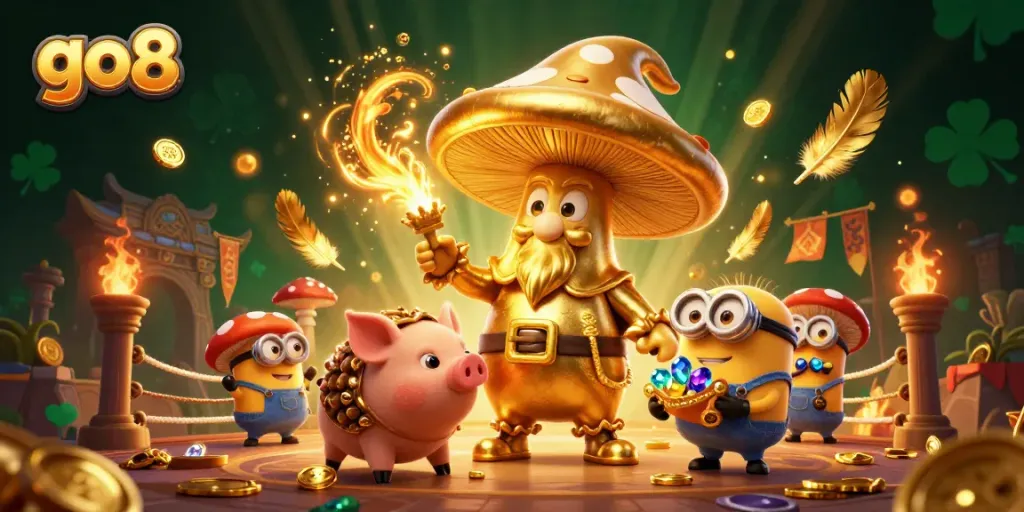 Engage with the magic of go8 as the golden mushroom wizard channels riches in a vibrant casino scene.