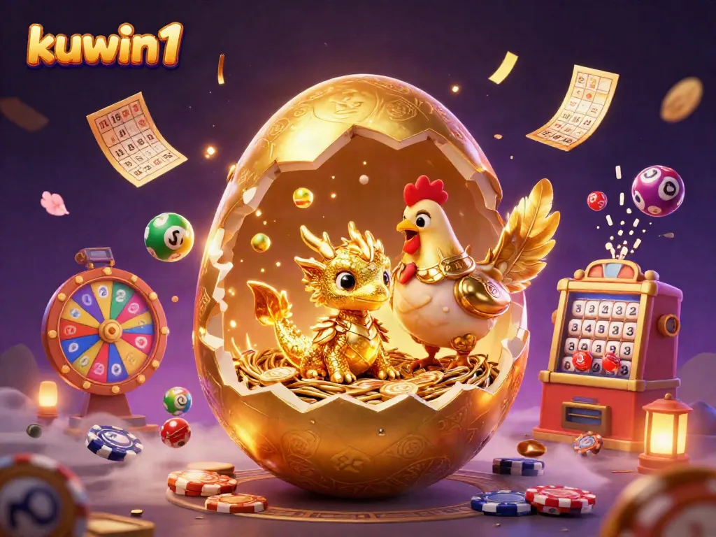 Kuwin1 showcases a dazzling dragon and golden hen amidst vibrant gambling elements, symbolizing luxury and luck.