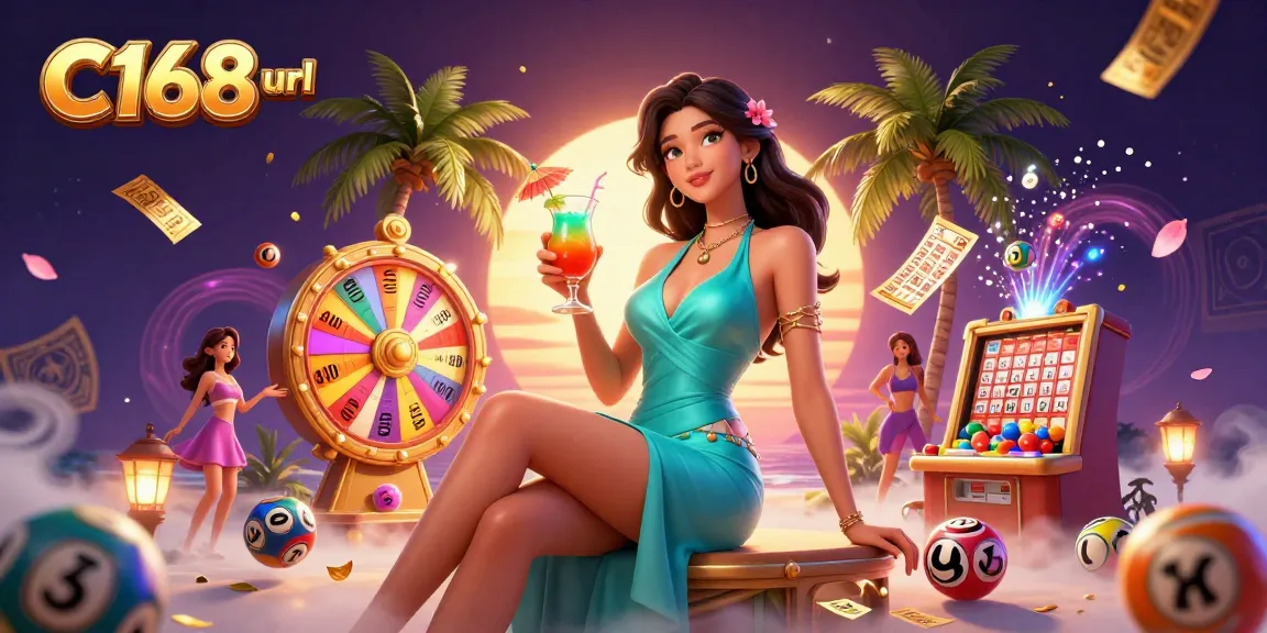 Engage with C168 url through a vibrant casino scene featuring lottery games, colorful elements, and tropical ambiance.