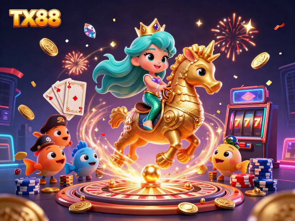 Experience thrilling gaming with TX88, featuring a vibrant mermaid princess on a seahorse amidst dazzling casino elements.