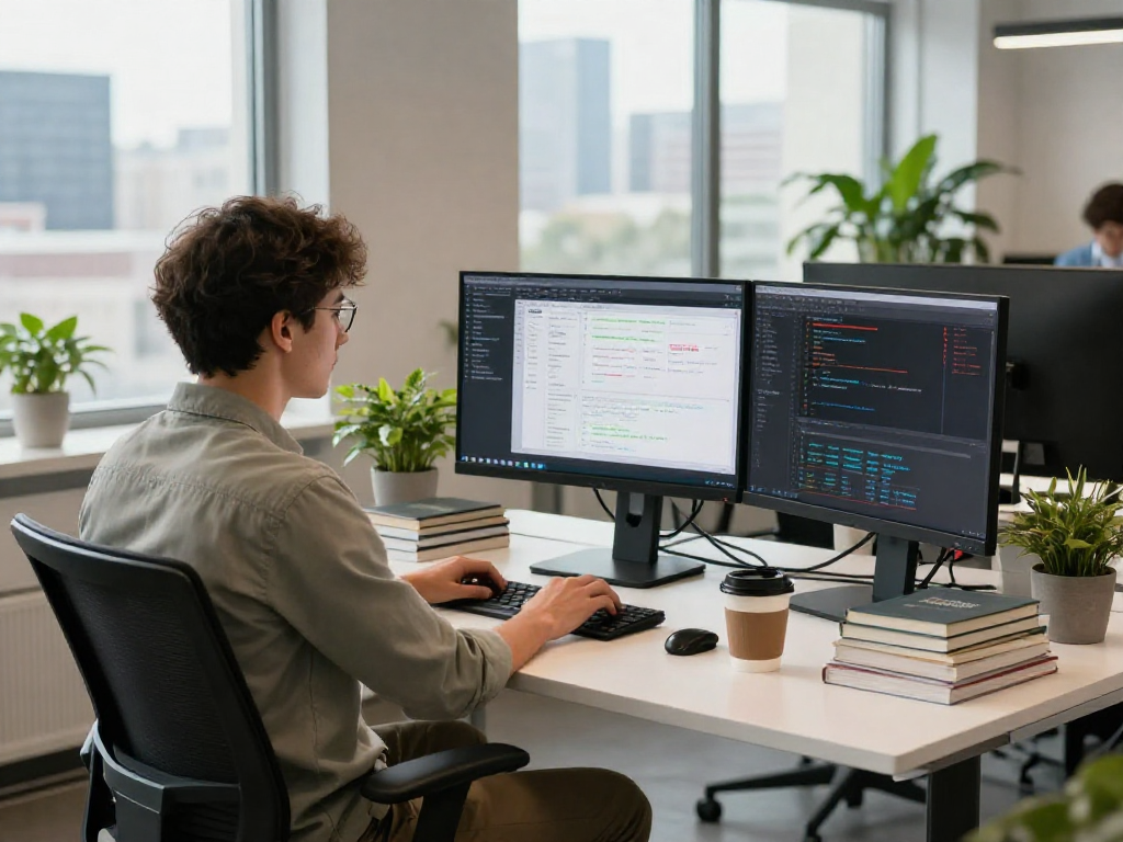 Software engineer analyzing the DEWI111 interface in a modern office workspace.