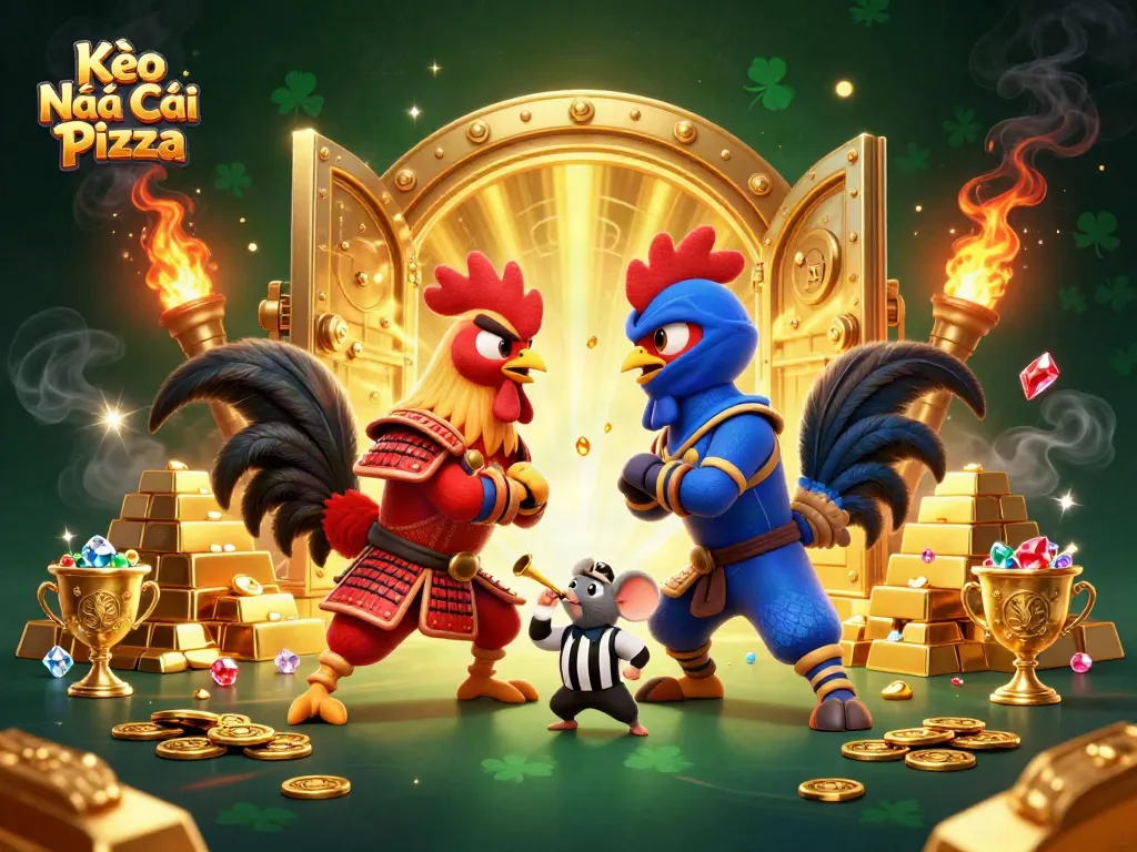 Experience the thrill of Kèo Nhà Cái Pizza with roosters in combat amidst jewels and gold.