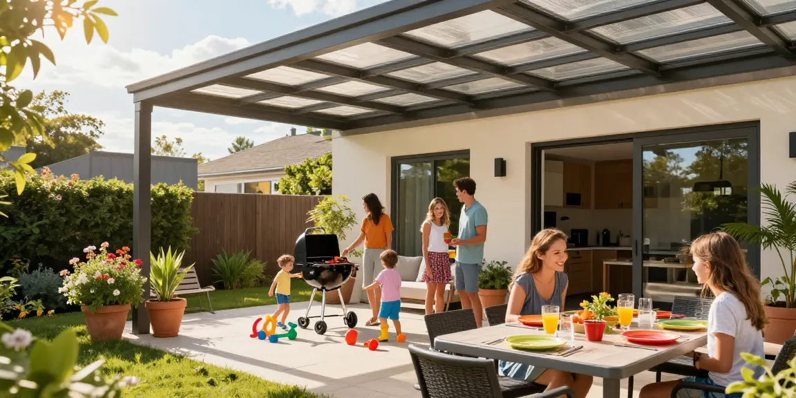 Moderne Terrassenüberdachung mit Familie beim Grillen im Garten.