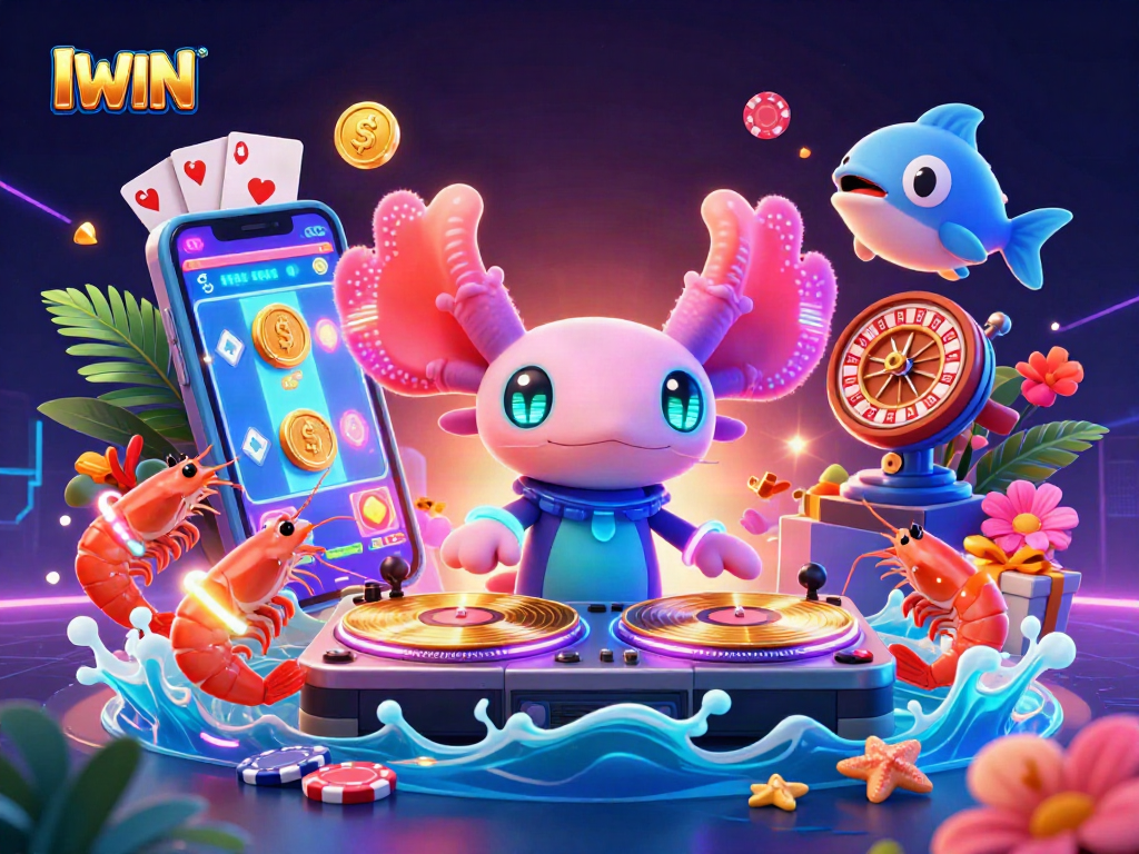 IWIN engages players with vibrant 3D casino action featuring an axolotl DJ, golden slots, and lively underwater characters.