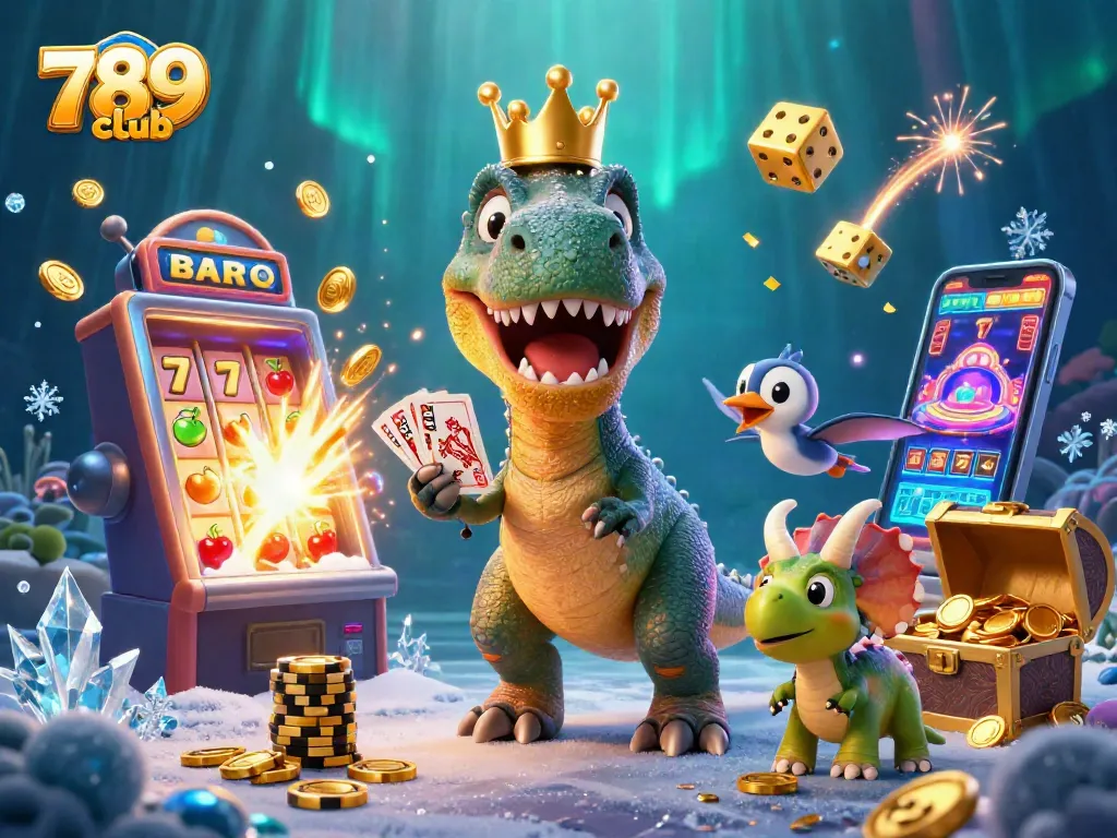 Experience the excitement of 789club with a vibrant 3D casino illustration showing dinosaurs playing and winning.
