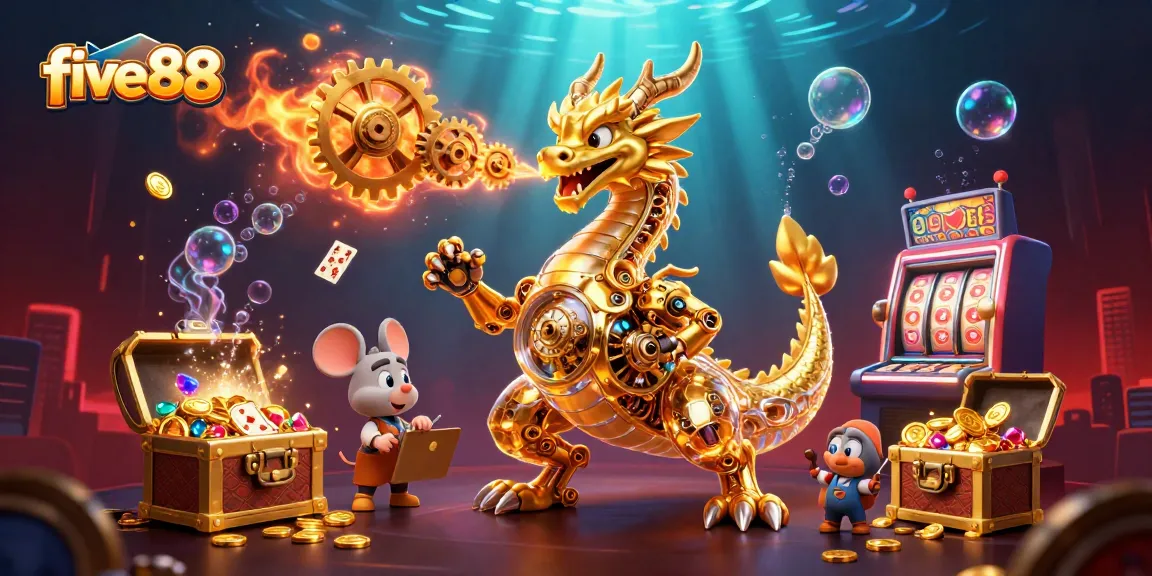 Experience five 88's vibrant slots scene with a dynamic golden dragon, revealing exciting gaming treasures.