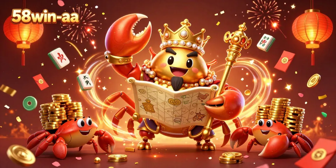 The golden crab emperor displays wealth and excitement in 58win-aa's dynamic gaming scene, with treasures and festive elements.