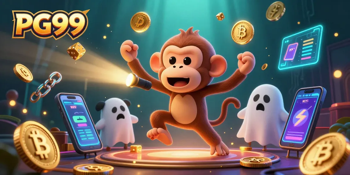 Engage with PG99 in this vibrant casino scene where a playful poltergeist monkey interacts with a ghost-hunter puppy.