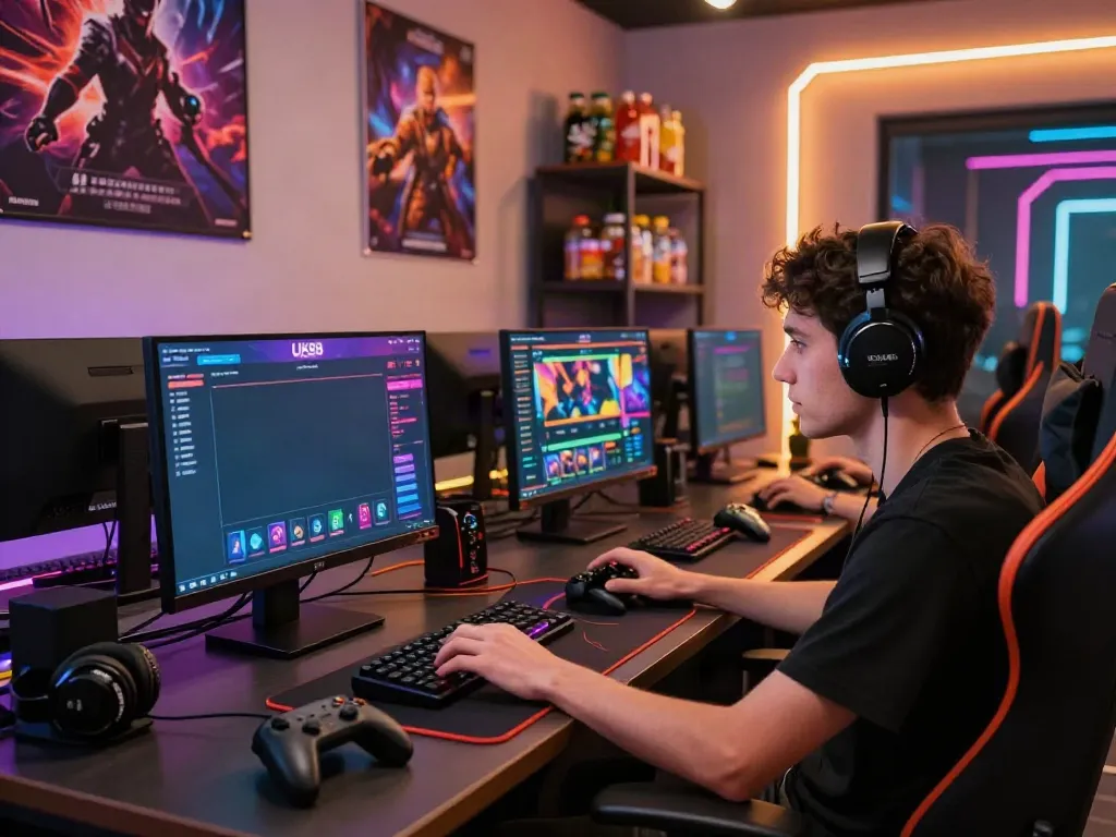 Engaged gamer at a modern desk exploring UK88 online betting platform.
