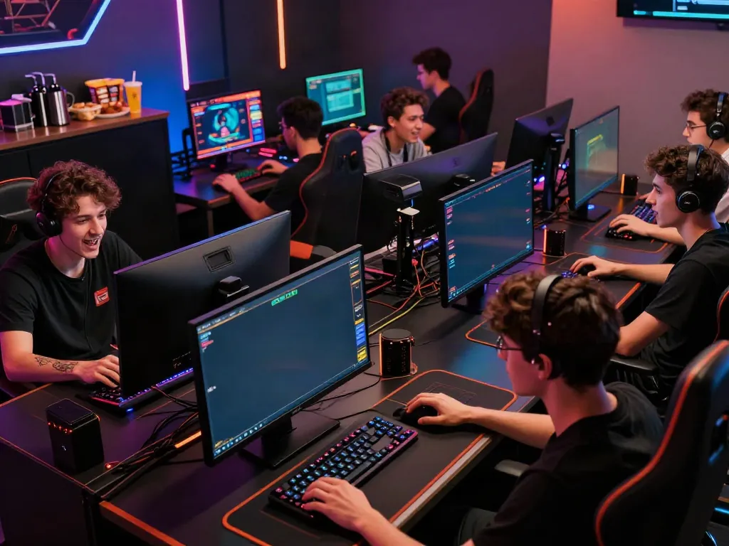 Dewacash Asia players immersed in a thrilling online gaming session with vibrant screens and high-end equipment.