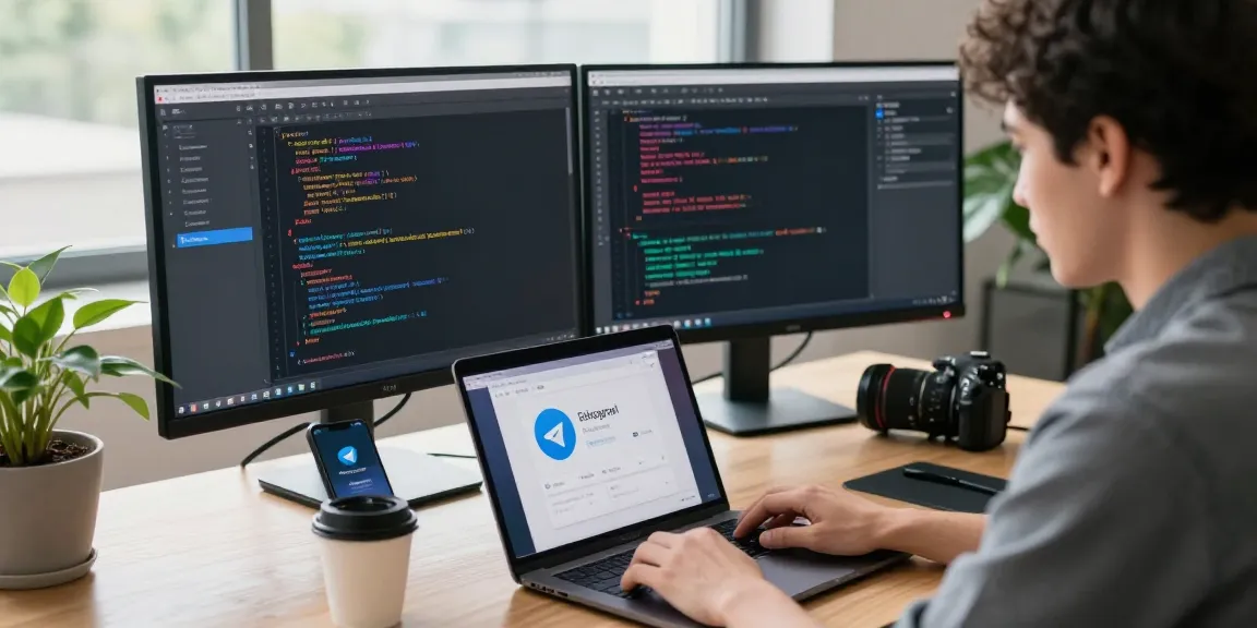 Setting Telegram Chinese language on a laptop in a modern office workspace.