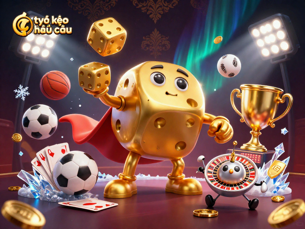 Bet on tỷ lệ kèo nhà cái with vibrant golden dice and dynamic sports elements in a lively casino scene.
