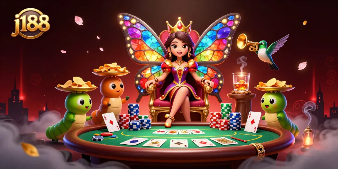 Win at j188 with an epic 3D gambling scene showcasing vibrant characters and poker elements.