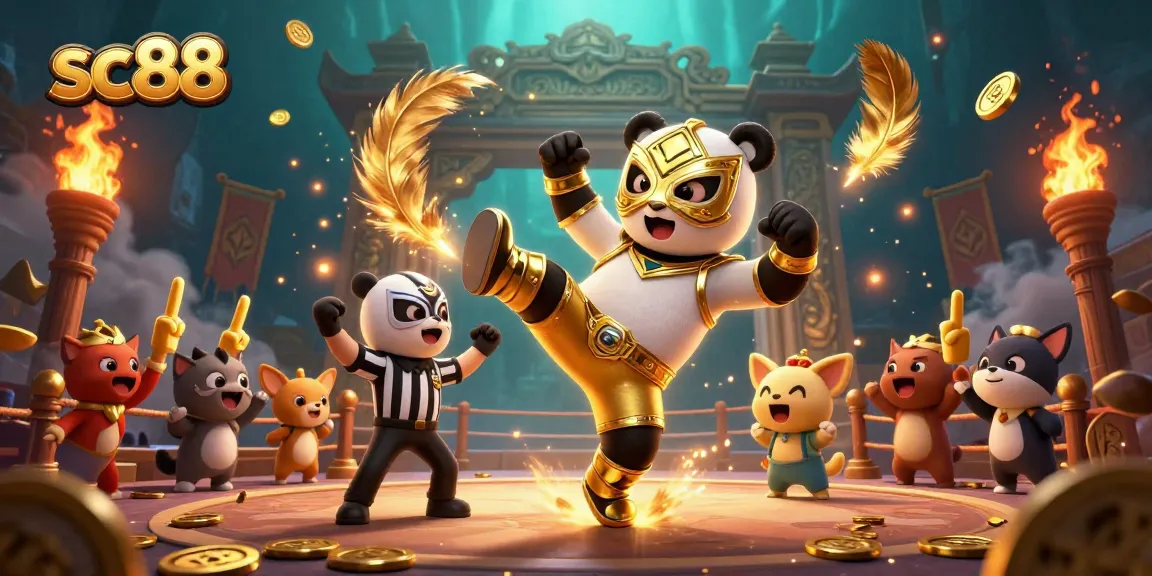 Engage in thrilling sc88 gaming moments with a panda wrestler in an exciting casino atmosphere.