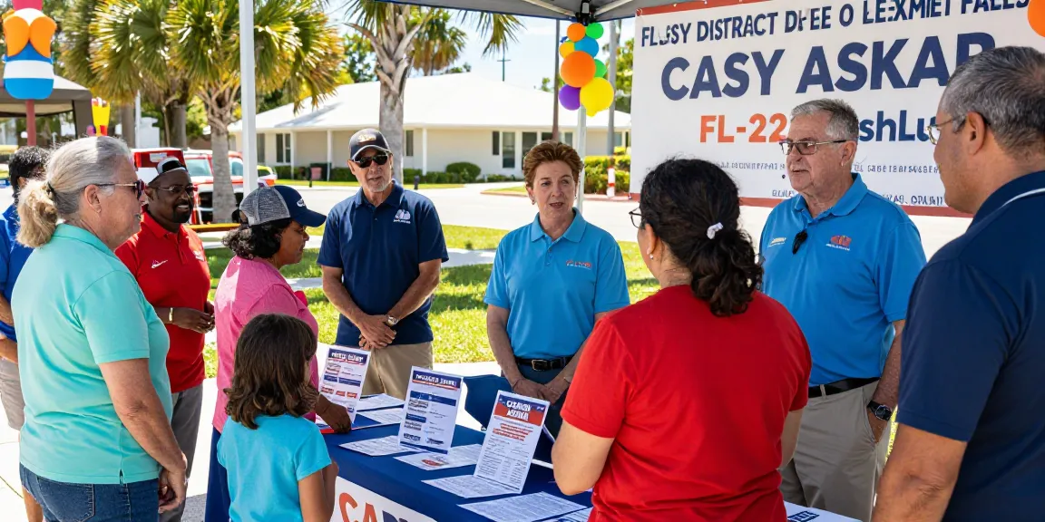 Casey Askar engaging with voters at a community event in FL-22, showcasing campaign materials and local involvement.