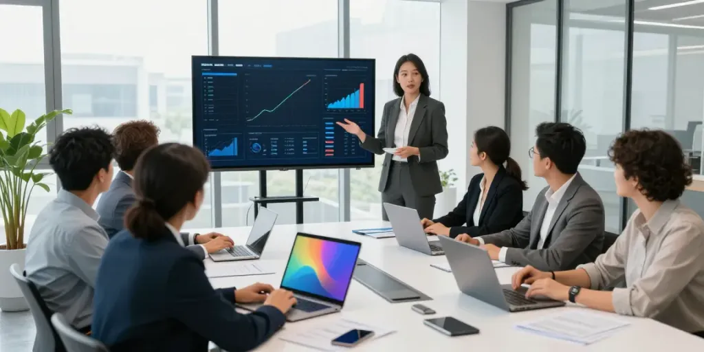 Reunión estratégica en oficina moderna sobre bbva empresas con profesionales colaborando.