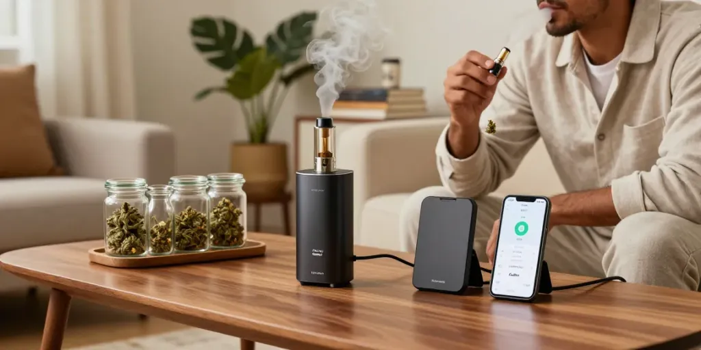 Stylish home setting showcasing Storz & Bickel vaporizers with cozy ambiance.
