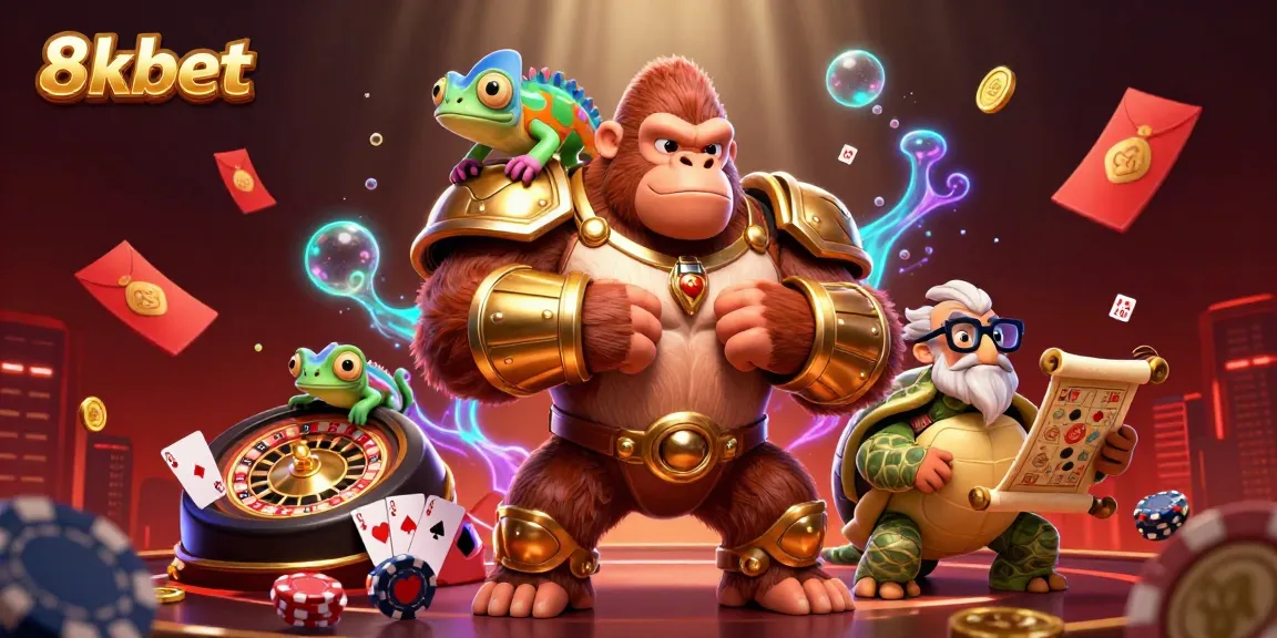 Experience the excitement at 8xbet with a vibrant casino scene showcasing 3D characters and dynamic gaming elements.