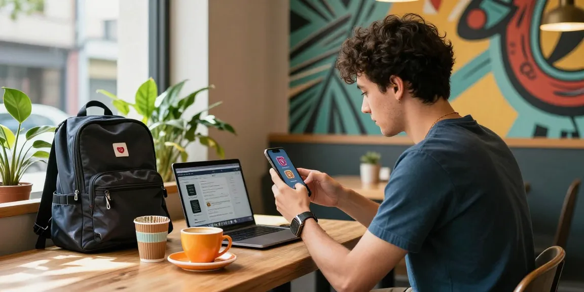 Instagram Likes kaufen in einem trendigen Café, junger Erwachsener nutzt Smartphone zum Posten, lebhafte Umgebung.
