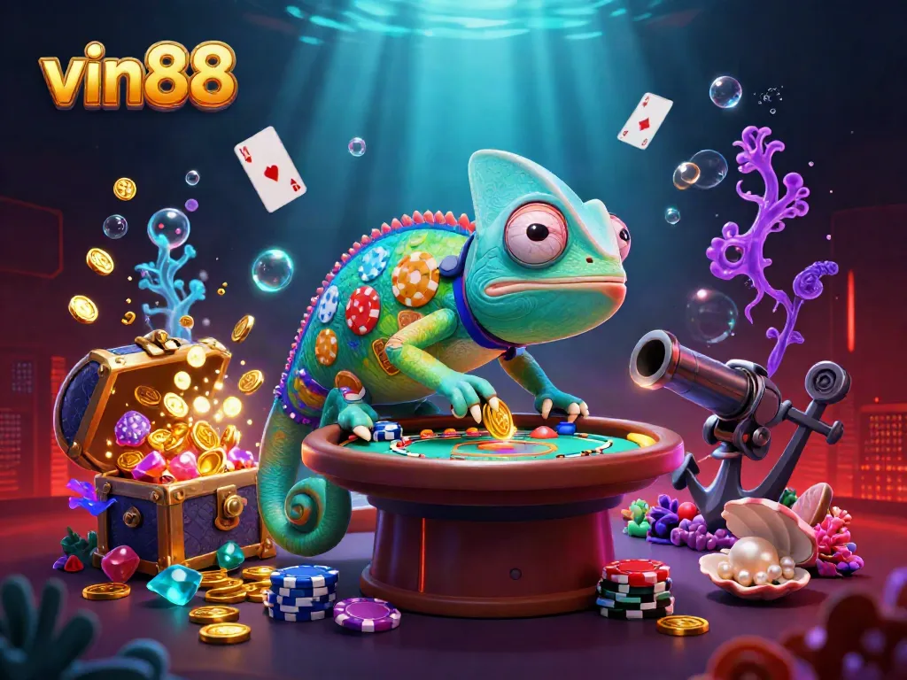 Experience vin88 with a colorful chameleon casino owner surrounded by sparkling treasures and cards.