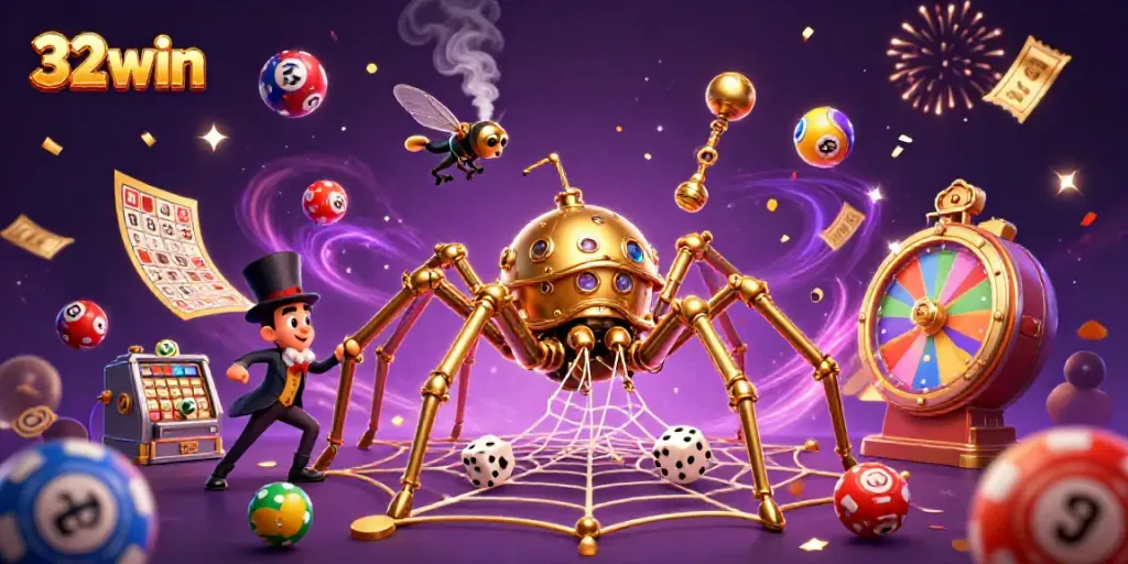 Join the 32win fun as a steampunk spider captures dice in a web of gaming excitement.