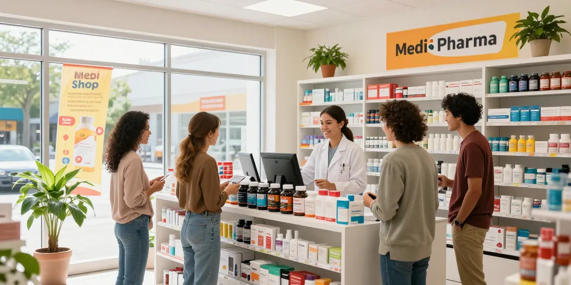Fesselnde Szene im Medi Pharma Shop mit Kunden, die Gesundheitsprodukte erkunden, und freundlicher Unterstützung durch den Apotheker.