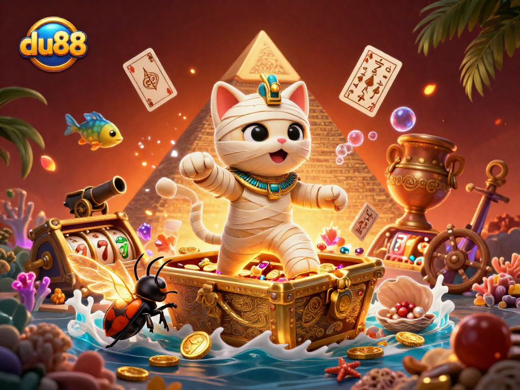 Unleash your luck with du88's vibrant casino scene featuring an Egyptian mummy cat.