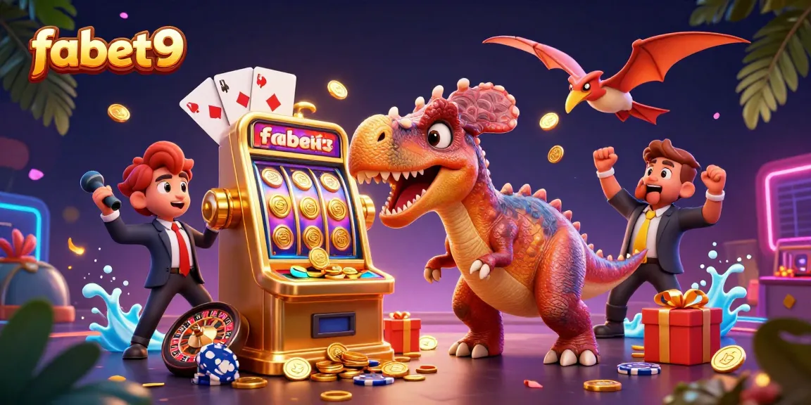fabet9's interactive cartoon scene with a dinosaur winning big at a slot machine