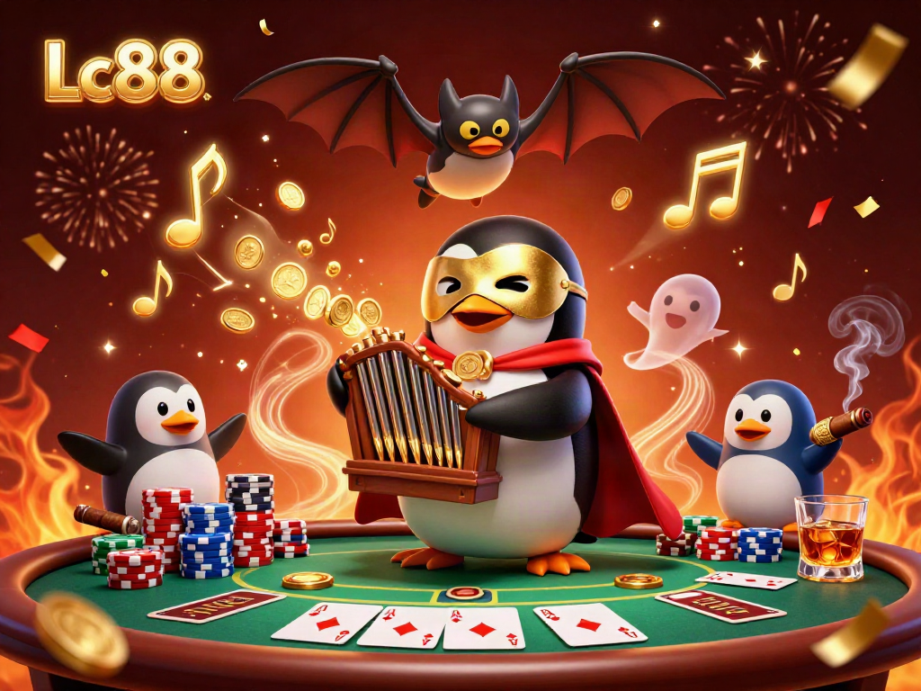 Experience thrilling Lc88 gameplay with a vibrant scene of a penguin organist and festive casino elements.