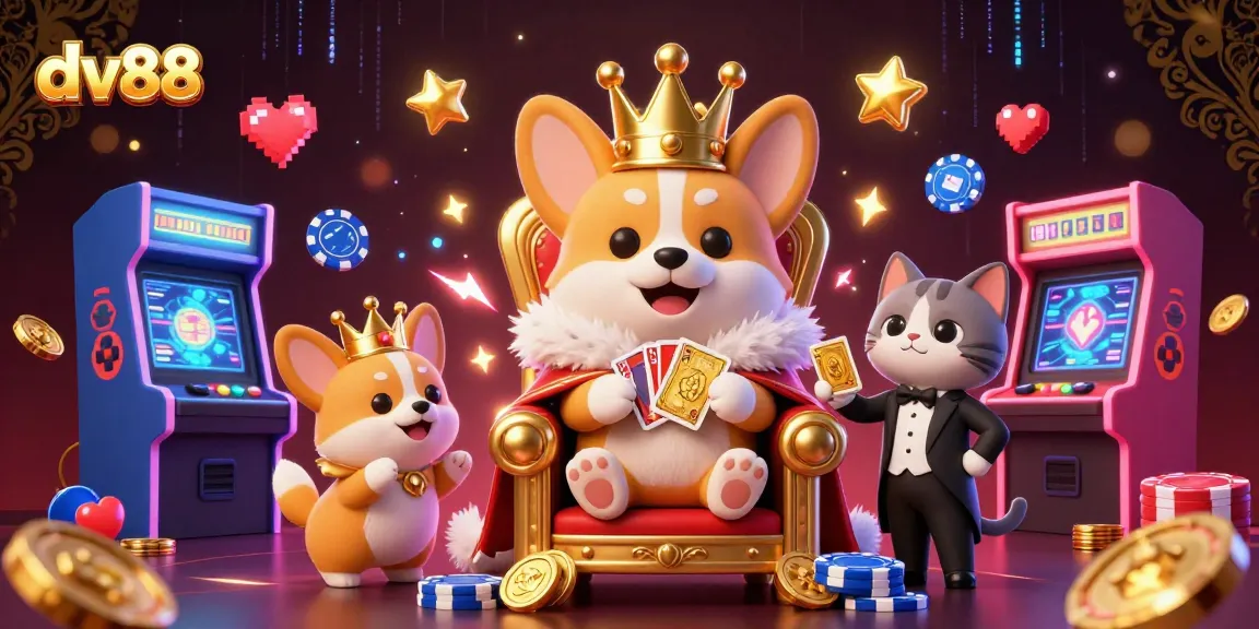 Experience thrilling games at dv88, featuring a royal corgi enjoying a vibrant casino scene.