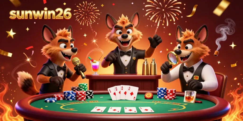 Experience the lively comedy casino scene at sunwin26 with hyenas enjoying games and cocktails.