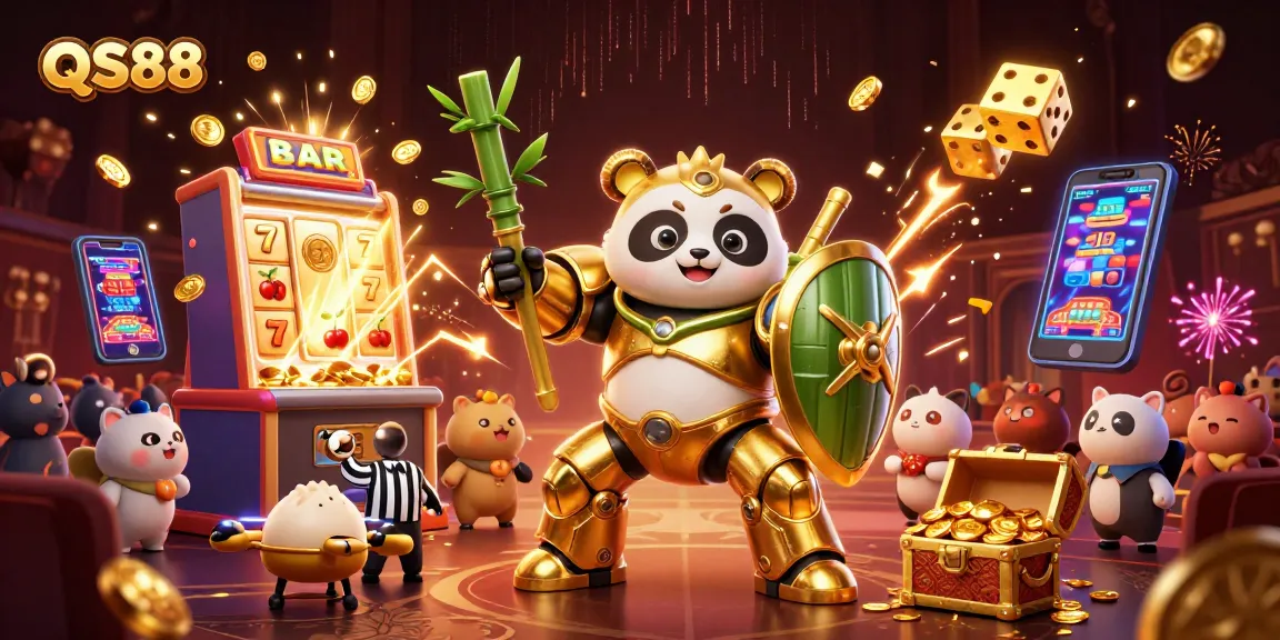 Experience thrilling slots and gaming in this vibrant QS88 animated scene filled with action and colorful casino elements.