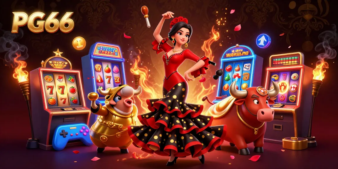 Engage with PG66's thrilling slots as a flamenco dancer and bull share a vibrant casino scene.