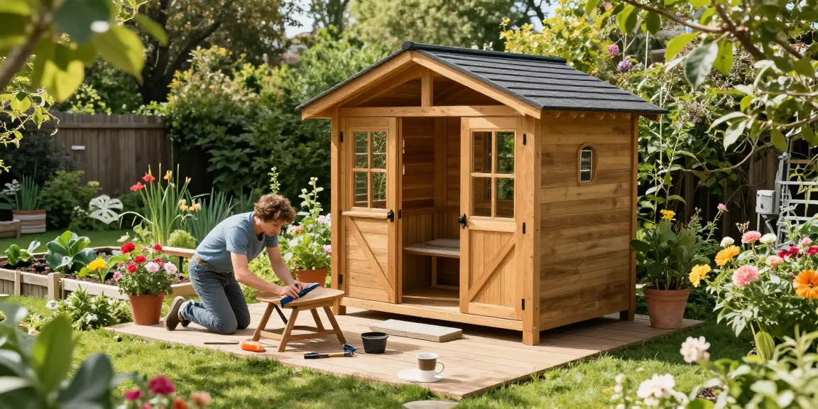 Hochwertiges Gartenhaus aus Holz in einem blühenden Garten mit Bäume und Pflanzen.