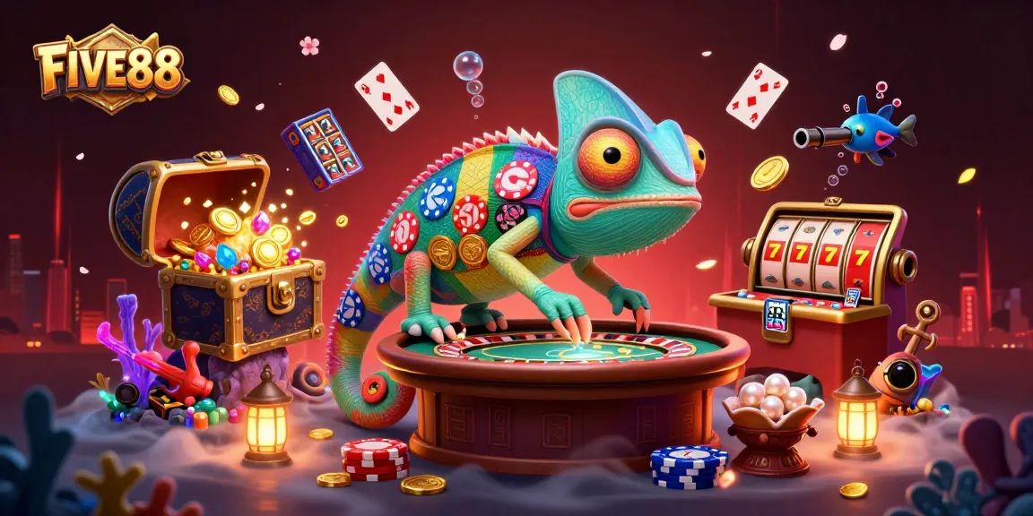 Spin slots with FIVE88 while enjoying vibrant 3D illustration of a chameleon casino owner.