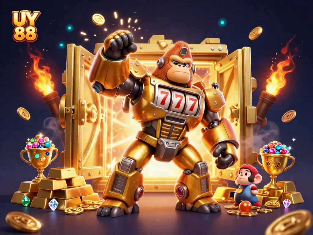 Experience thrilling wins in UY 88's vibrant 3D casino universe showcasing a dynamic gorilla mech.