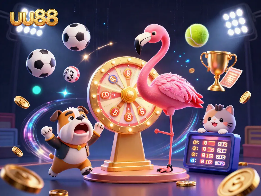 Engage in exciting gaming adventures with uu88, featuring a vibrant animated scene of thrilling prizes and energetic gameplay.