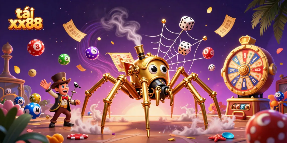 Catch the excitement at tải xx88 with vibrant lottery balls and golden treasures surrounding a whimsical spider