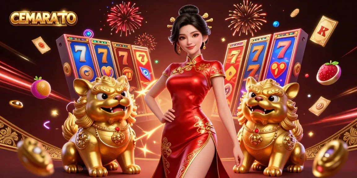 CEMARATOTO slot game illustration featuring a glamorous woman, golden foo dogs, and vibrant symbols.