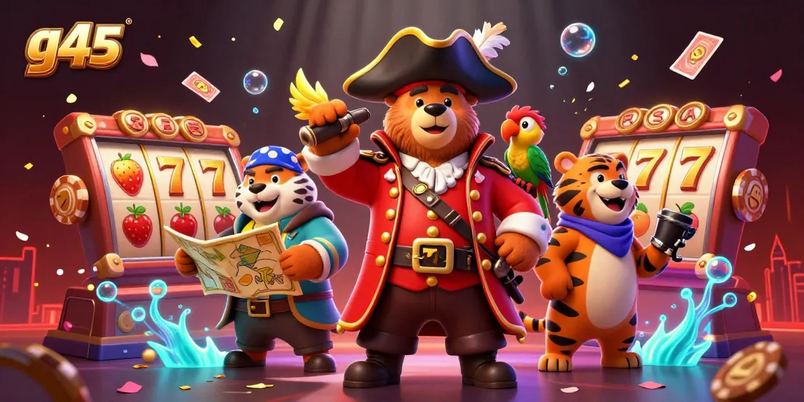 Experience captivating g45 slots with an animated pirate captain bear, fierce tiger, and rich casino elements.