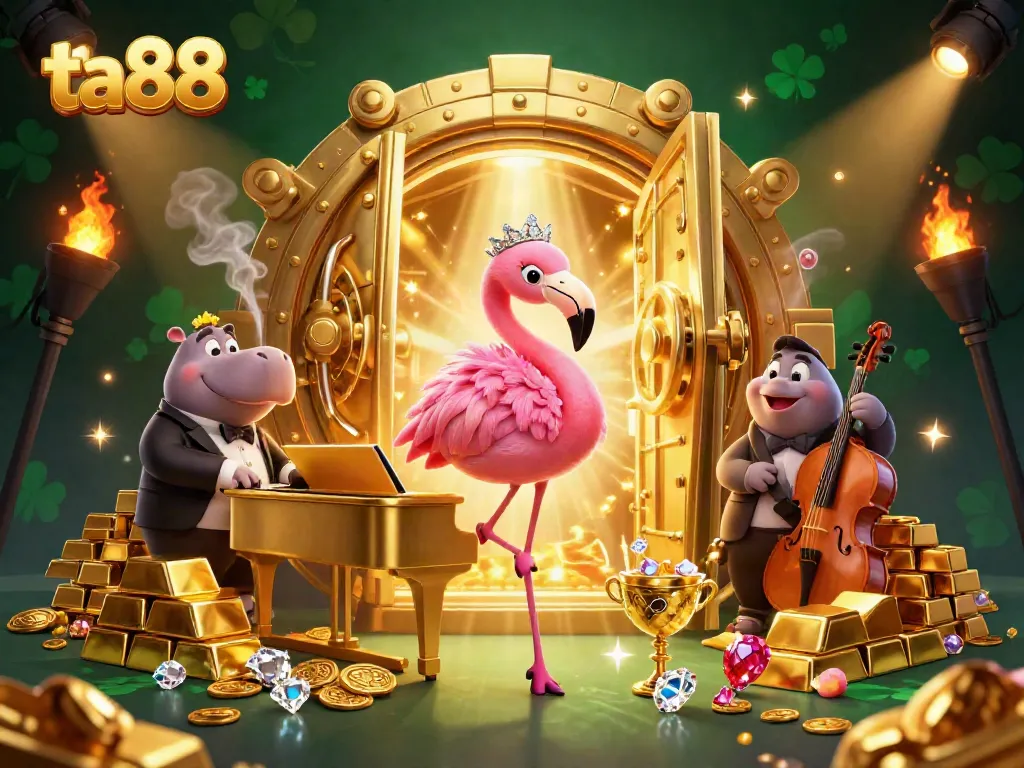 Engage with the vibrant ta88 casino scene featuring a flamingo singer and hippo bassist surrounded by treasure.