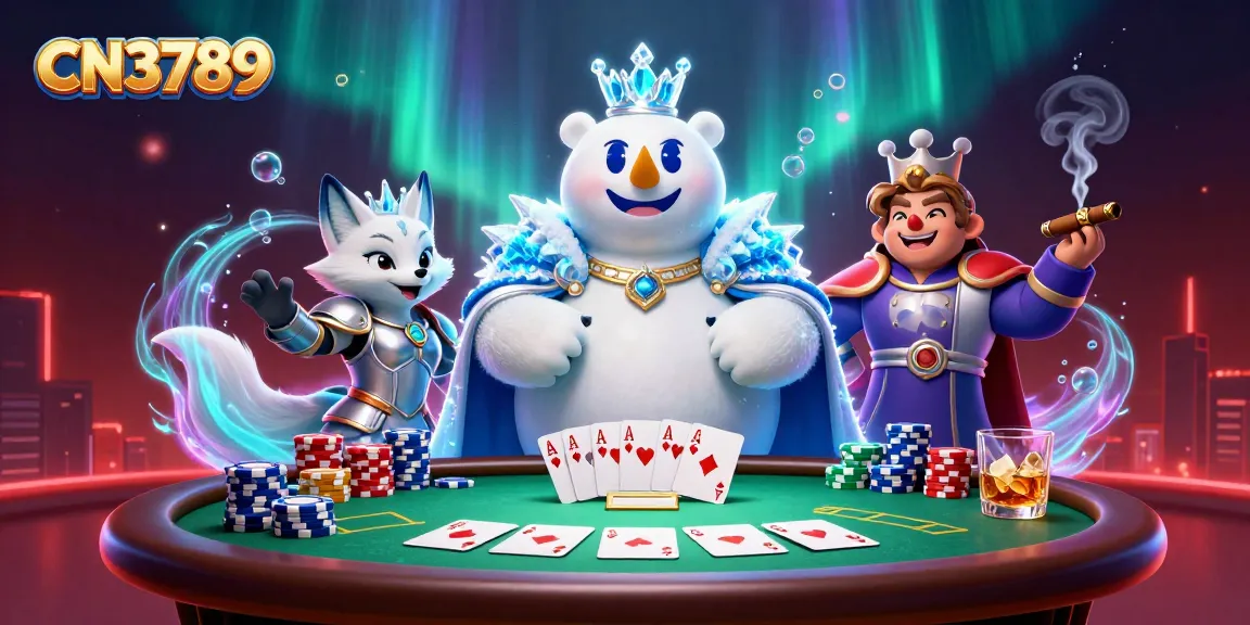 Engage with CN3789's rich poker scene featuring an ice king, a snow fox, and vibrant casino elements.