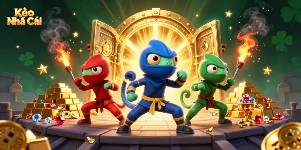 Engage with Kèo Nhà Cái as ninja chameleons celebrate winning bets amidst treasures in a vibrant illustration.