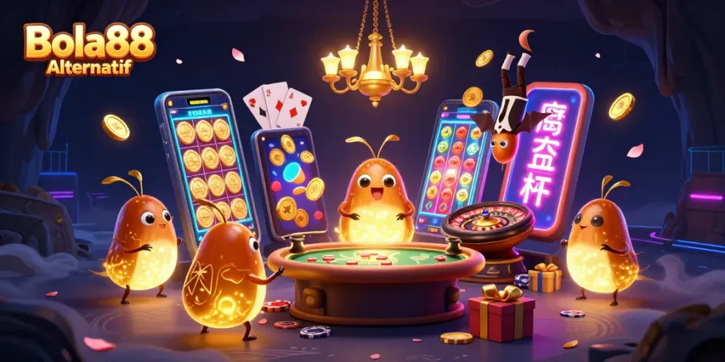 Bola88 Alternatif offers an immersive cave casino experience with glowworms lighting the game tables.