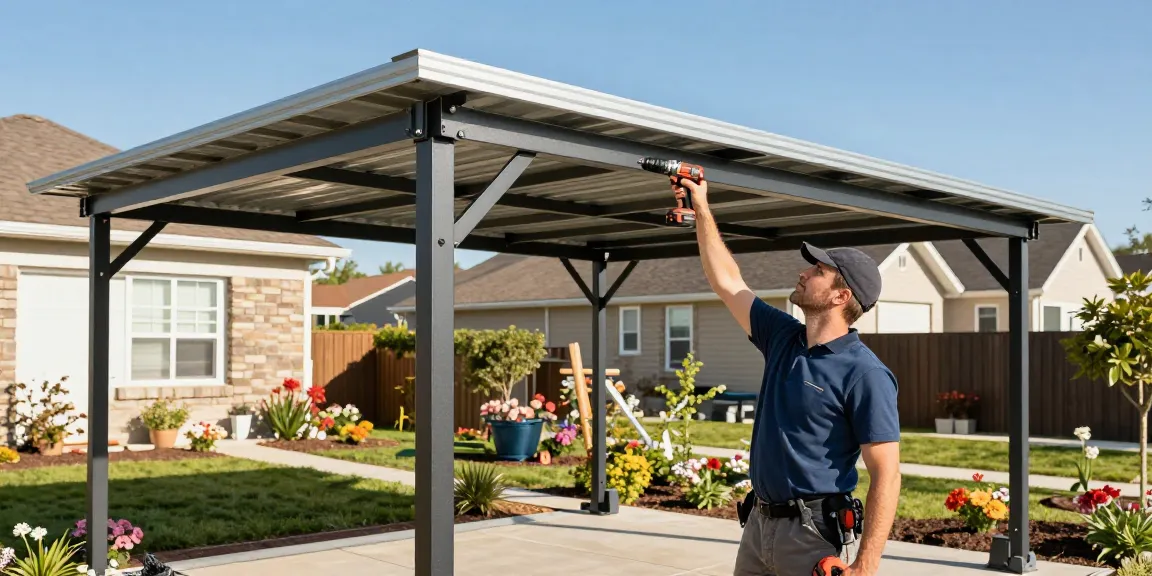 Carport-Installation in einem sonnigen Garten mit einem Handwerker, der moderne Metallpaneele zusammenfügt.