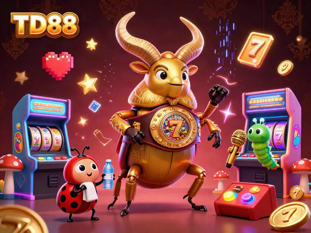 Spin the slots with TD88 featuring a giant stag beetle in a boxing ring alongside vibrant gaming elements.