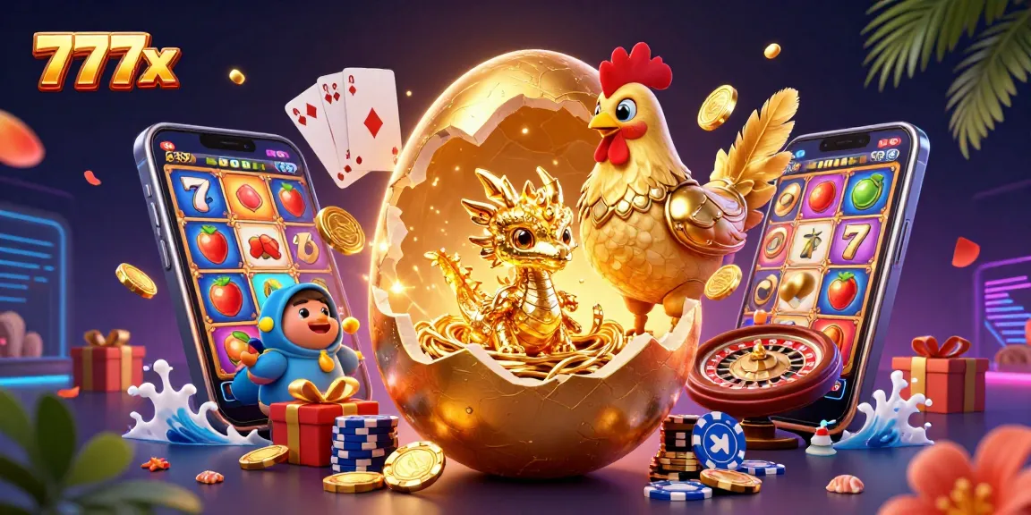 Spin the reels with 777x, a captivating 3D scene of a golden dragon amidst vibrant casino elements.